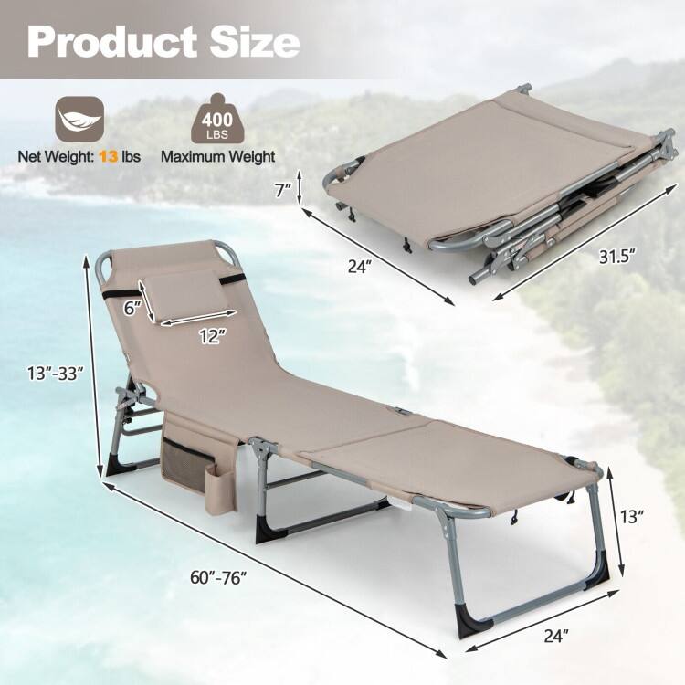 5-Position Folding Chaise Lounge Chair with Adjustable Footrest - 60" x 24" x 33"