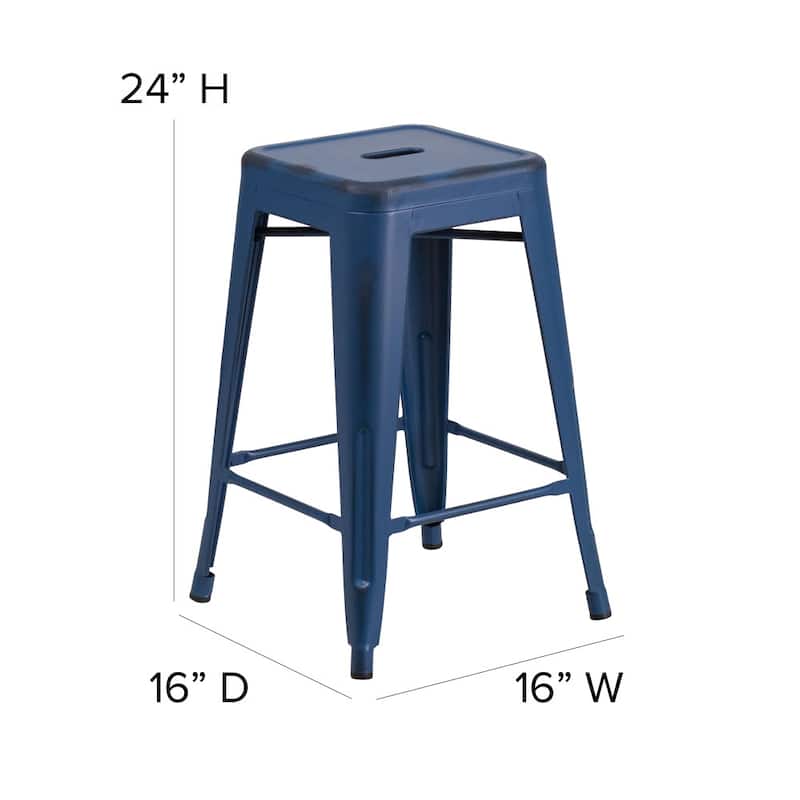 4 Pack 24" High Backless Distressed Metal Indoor-Outdoor Counter Height Stool