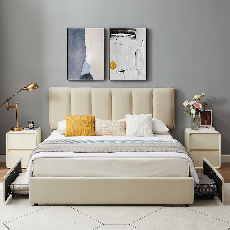 Javlergo Bed Frame with Storage Drawers, Upholstered Platform Bed Frame with Adjustable Headboard