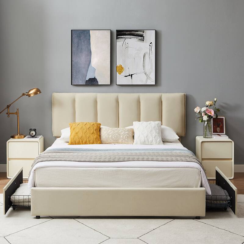VECELO Bed Frame with 4 Storage Drawers, Upholstered Platform Bed Frame with Adjustable Headboard - Beige - Queen