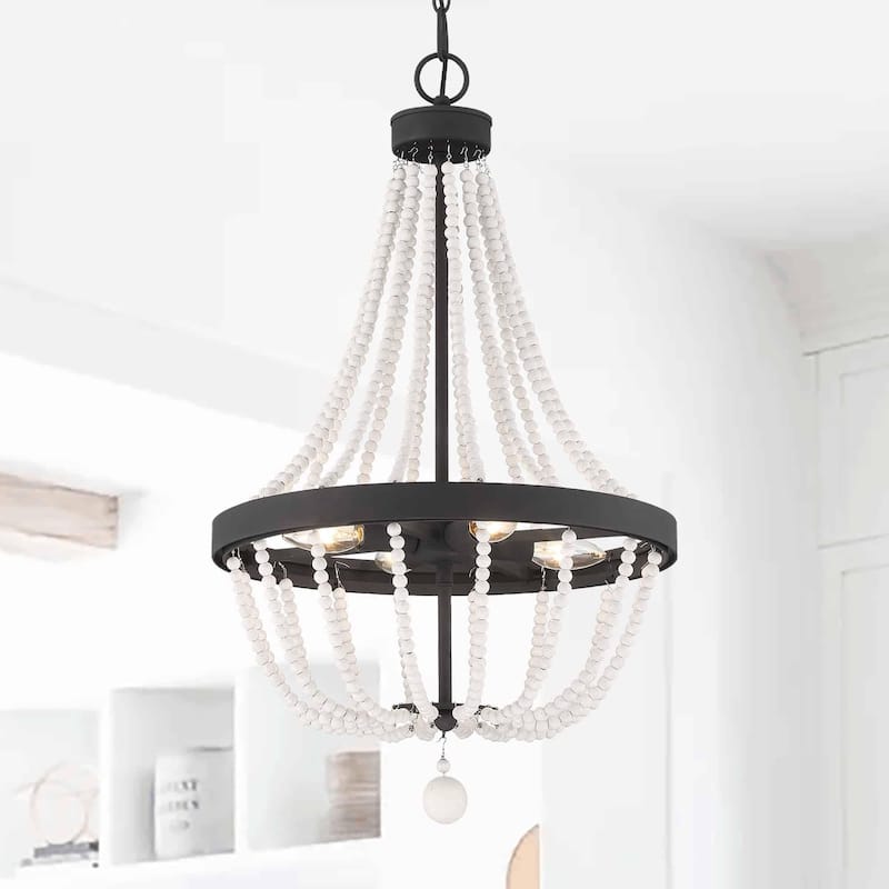 Cauhu 4-light Farmhouse Coastal Beaded Empire Chandelier for Dining Room - 16'' W x 16'' D x 27'' H - Weathered Oak