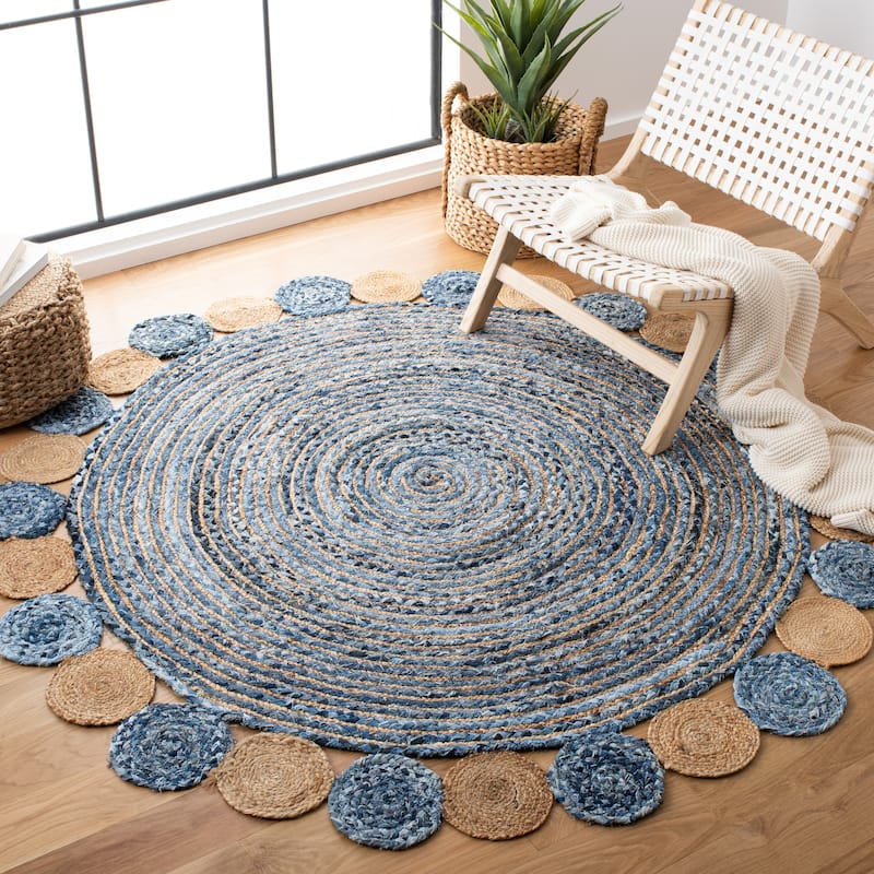 SAFAVIEH Handmade Cape Cod Diora Coastal Jute Rug - 4' Round - Blue/Beige
