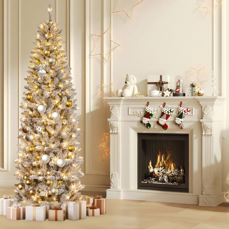 6ft Prelit Flocked Pencil Christmas Tree with Lights, Slim Artificial Xmas Tree with Snowy Branch
