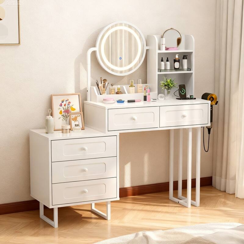 Particle Board Veneered White Bracket, White Iron Feet, 5-drawer 2-compartment 2-tier Rack Dressing Table - N/A