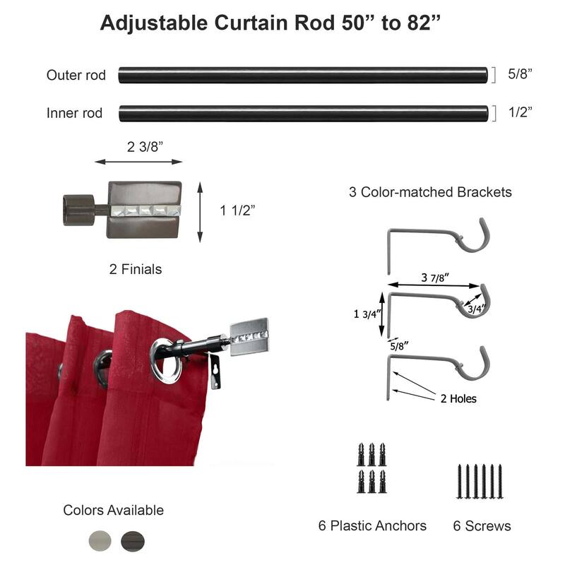 Adjustable Single Curtain Rod 50"-82" with Faceted Finials and Brackets - 50" to 82" L x 5/8" D