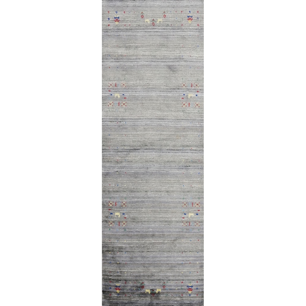 Hand Knotted Oriental Viscose Silk Carpet Tribal Animal Pictorial Greys & Charcoal Gabbeh Runner Rug - 8' 9'' X 2' 7''