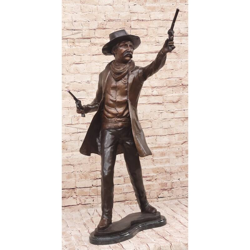 Wyatt Earp Gunslinger Wild West Sherriff Shooting Dual Pistols - Bronze Sculpture Statue Western