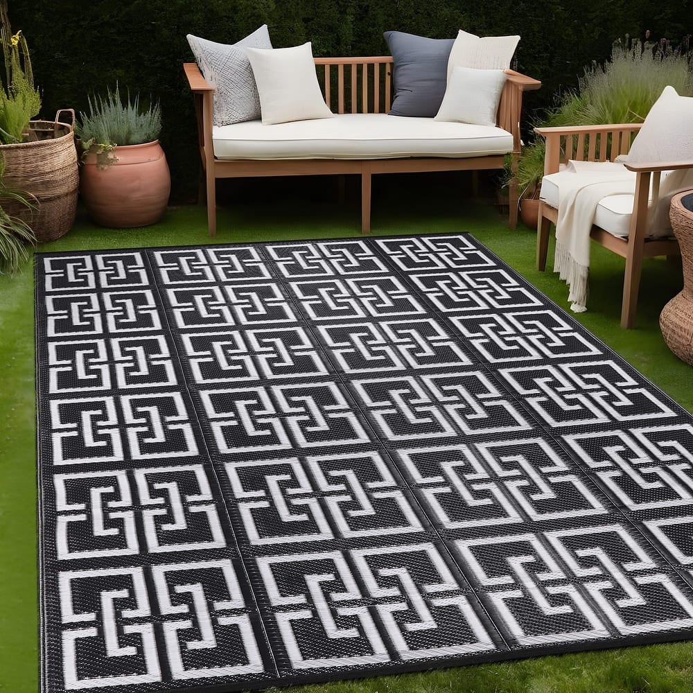 Beverly Rug Geometric Greek Key Outdoor Rug Waterproof for Patio, RV Camping
