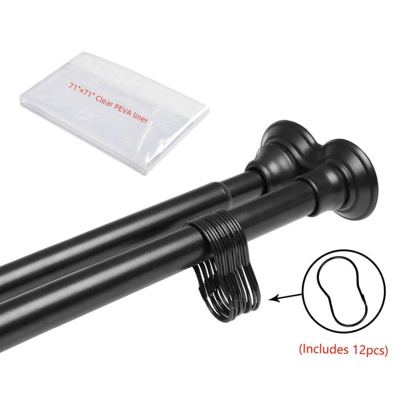 Utopia Alley 72-Inch Adjustable Rust-Proof Aluminum Double Shower Curtain Tension Rods, Includes Shower Liner and Shower Hooks - Black