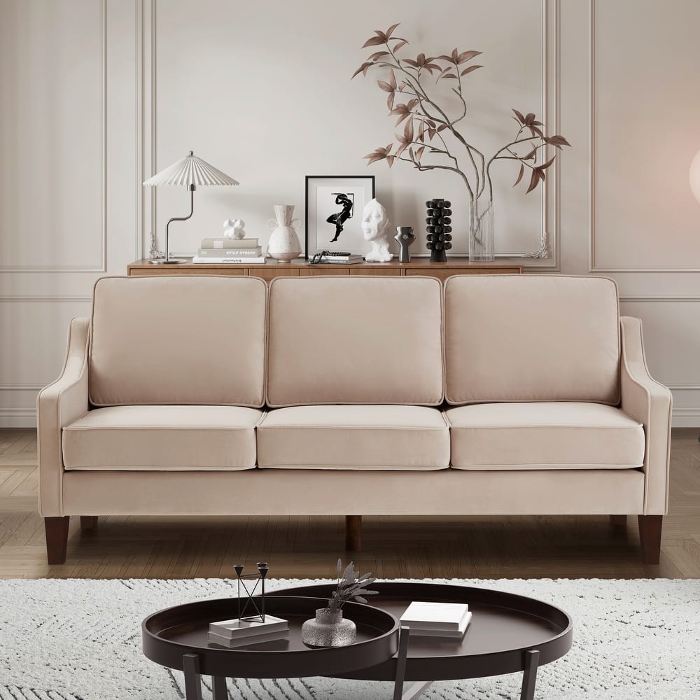 Modern 74" Velvet 3-seater Upholstered Sofa with Scooped Armrest and Removable Cushions for Living Room