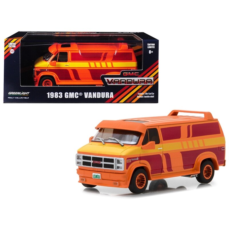 shop 1983 gmc vandura custom orange with custom graphics 1 43 diecast model car by greenlight on sale overstock 25486903