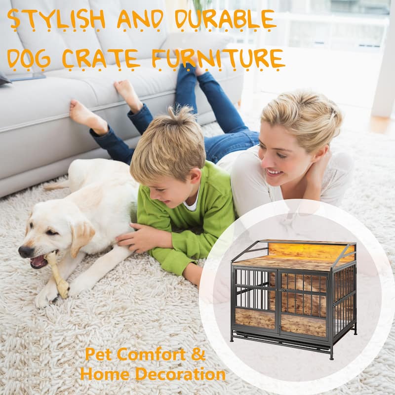 2 Doors Multi-Function Furniture Dog Crates with Adjustable Footrest, Wooden Dog Kennel with Pull-Out Tray