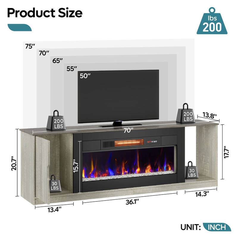 70" TV Stand with 36" Electric Fireplace, Modern Led Electirc Fireplace TV Stand fits TV up to 75 in.with Storage Cabinet