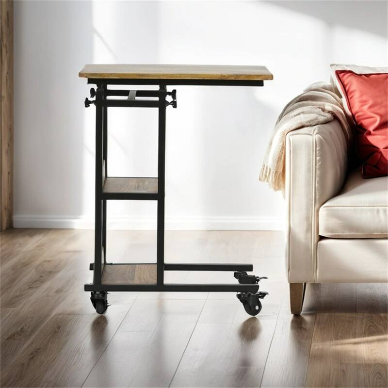 C Shaped End Table with Metal Frame and Wood Top