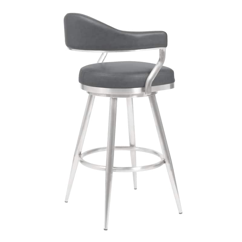 Knw 26 Inch Swivel Counter Stool Chair, Vintage Gray Faux Leather, Chrome