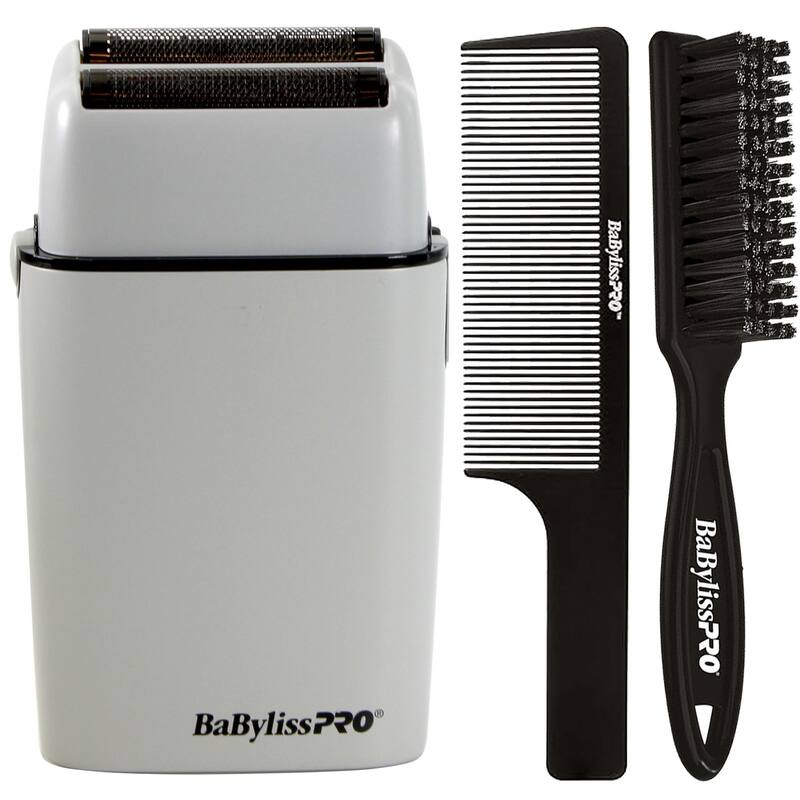BaByliss Pro LIMITED EDITION Cordless Metal Double Foil Shaver (Gray) FXFS2GY + BaByliss Pro Fade Brush BPFADEB + 9" Comb - Silver