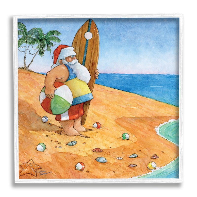 Stupell Santa Claus On Beach Surf Board Tropical Christmas Framed Wall Art - Blue