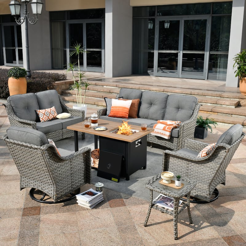 XIZZI 6-piece Outdoor High-back Furniture Swivel Chair Set with Fire Pit