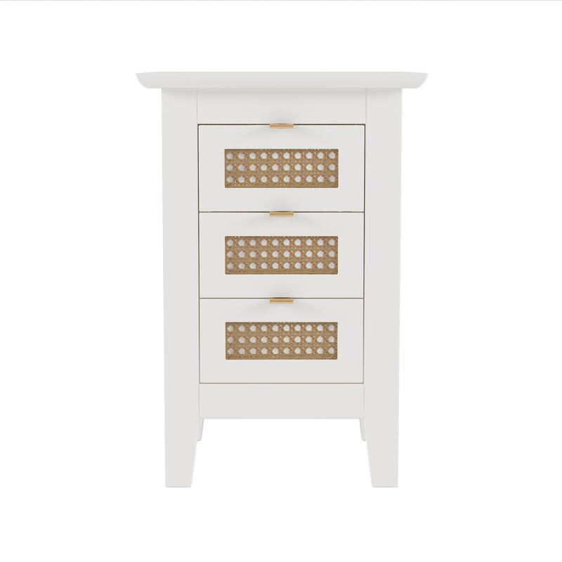 Wooden Nightstands Set of 2 with Rattan-Woven and 3 Drawers Nightstand,for Bedroom Golden Handle Small Side Table