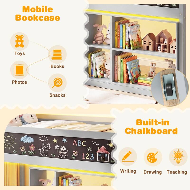 Gymax Kids Loft Bed w/LED Lights Chalkboard & Removable Bookcase