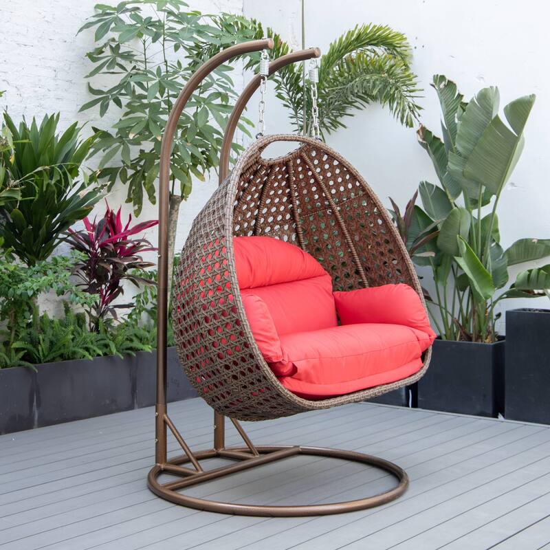 LeisureMod Mendoza Dark Brown 2 Seater Wicker Patio Hanging Double Swing Chair for Patio Porch Backyard Garden - 53"