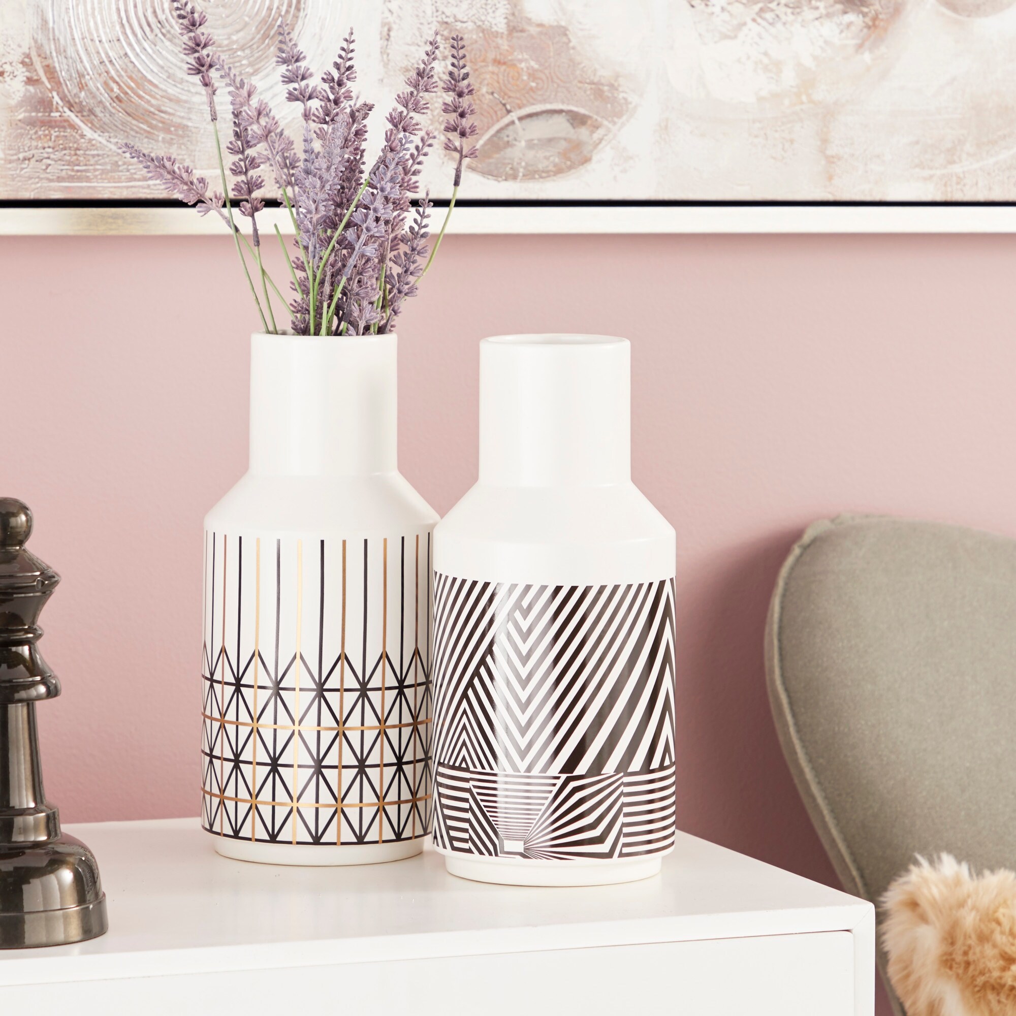 Eclectic White Vases With Black Gold Boho Patterns Set Of 2 5 X 11 On Sale Overstock 21258548