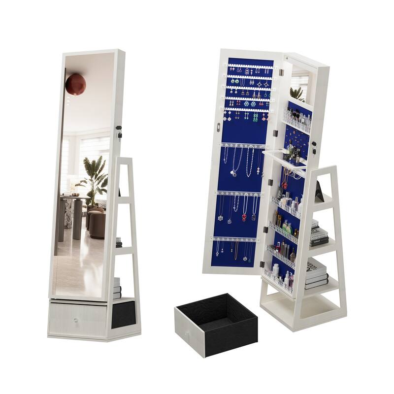 Jewelry Cabinet Armoire with Full Length Mirror, 360° Rotating, Lockable Storage Cabinet, Interior Mirror and Storage Drawers - White