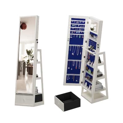 Jewelry Cabinet Armoire with Full Length Mirror, 360° Rotating, Lockable Storage Cabinet, Interior Mirror and Storage Drawers