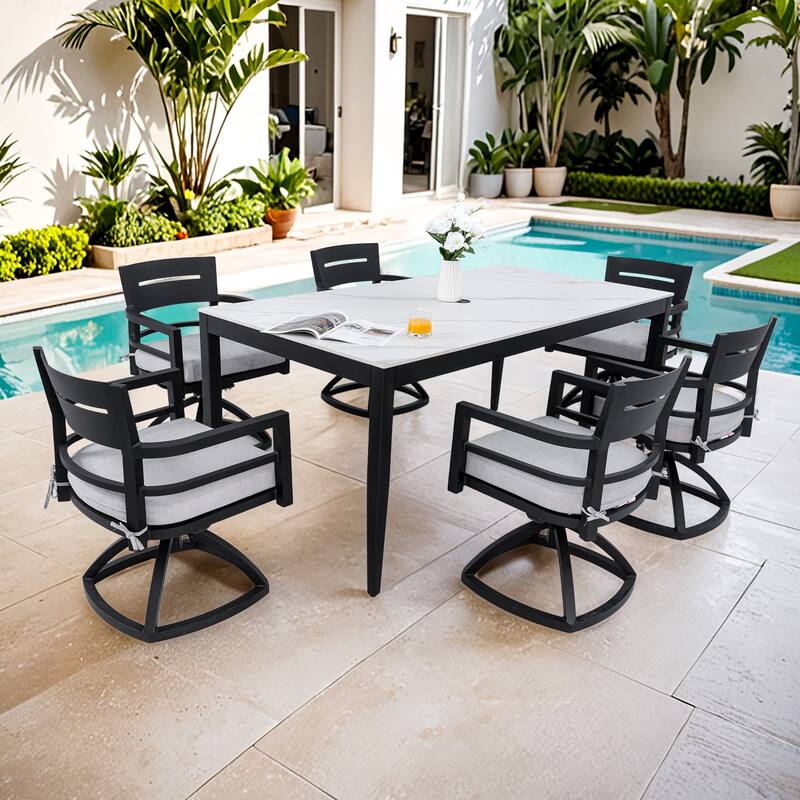 Modern 7-Piece Patio Dining Set - 35.5"x71" Greek Marble Sintered Table with 6 Swivel Rockers, Ember Black