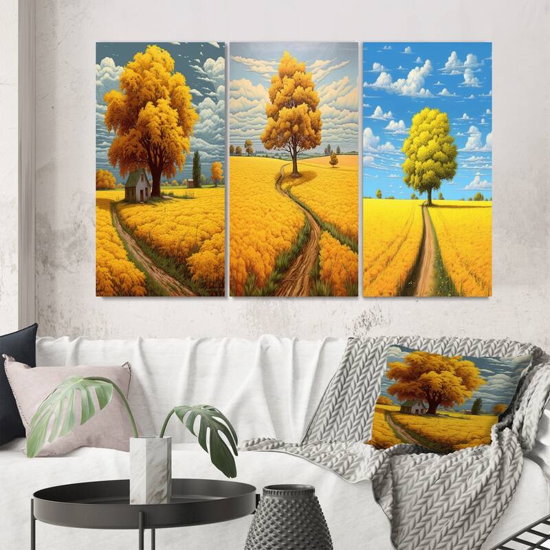 Designart "Yellow Tree In Blossoming Golden Meadow II" Meadow Yellow - Gallery Wall Set Of 3 For Home Decor