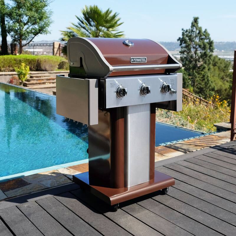 Permasteel 3-Burner Propane Gas Grill with Foldable Side Shelves