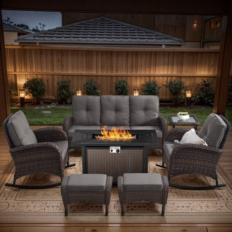 Gymojoy Outdoor Fire Pit Conversation Set, 3-Seat Sofa & Chairs Patio Furniture Set - 7-Piece included Rocking Chairs & Ottomans - Grey