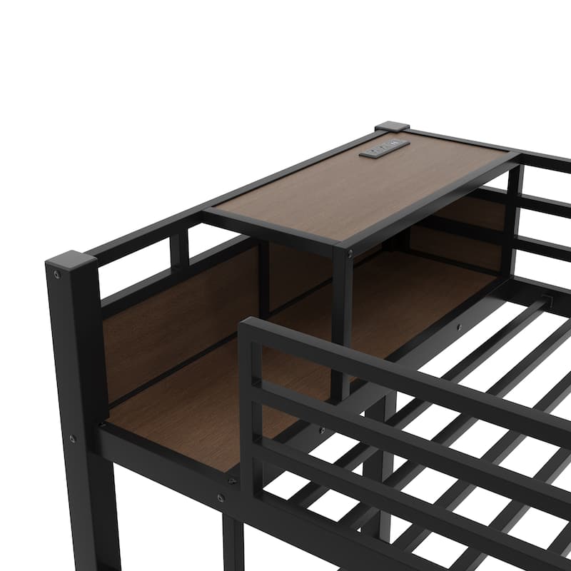 Full/Twin Metal Bunk Bed with Storage Shelves & USB Ports