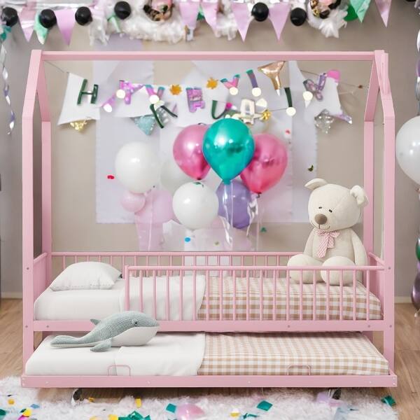 slide 2 of 34, House-Shaped Metal Twin Size House Bed with Fence and Trundle,Kids Bed Design Pink