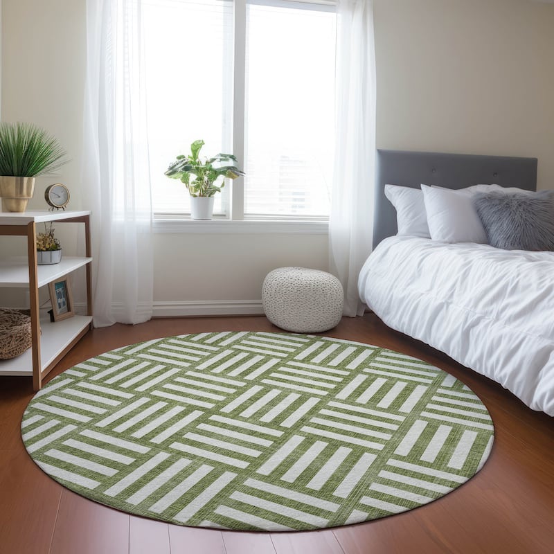 Machine Washable Indoor/ Outdoor Chantille Geo Modern Rug - Olive - 8' x 8'
