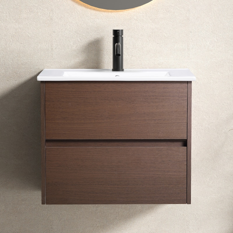 GDFStudio - Joserine Modern Wooden Wall-Mounted Bathroom Vanity Sink Base with Soft Close Function (WITHOUT SINK) - 22.84" - 22.84" - Brown