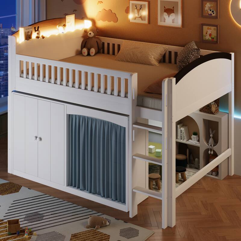 Roomfitters Twin/Full Size Loft Bed with Storage Cabinet, Wardrobe and LED Light
