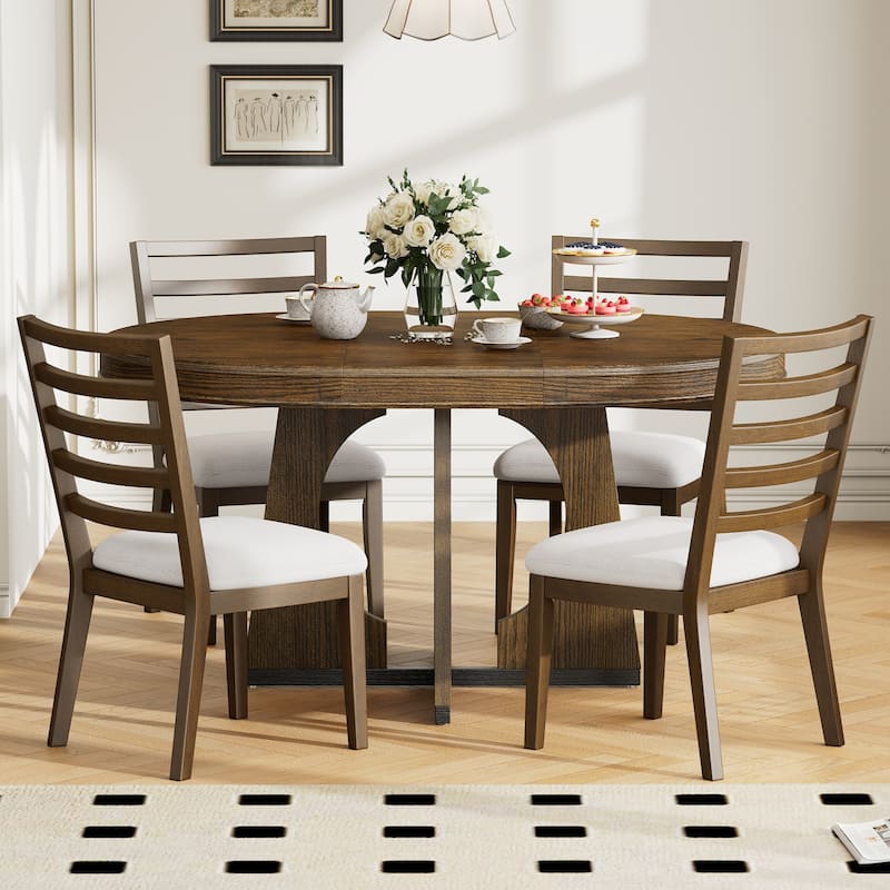 5-Piece Retro Dining Table Set, Extendable Round Table with Removable Leaf