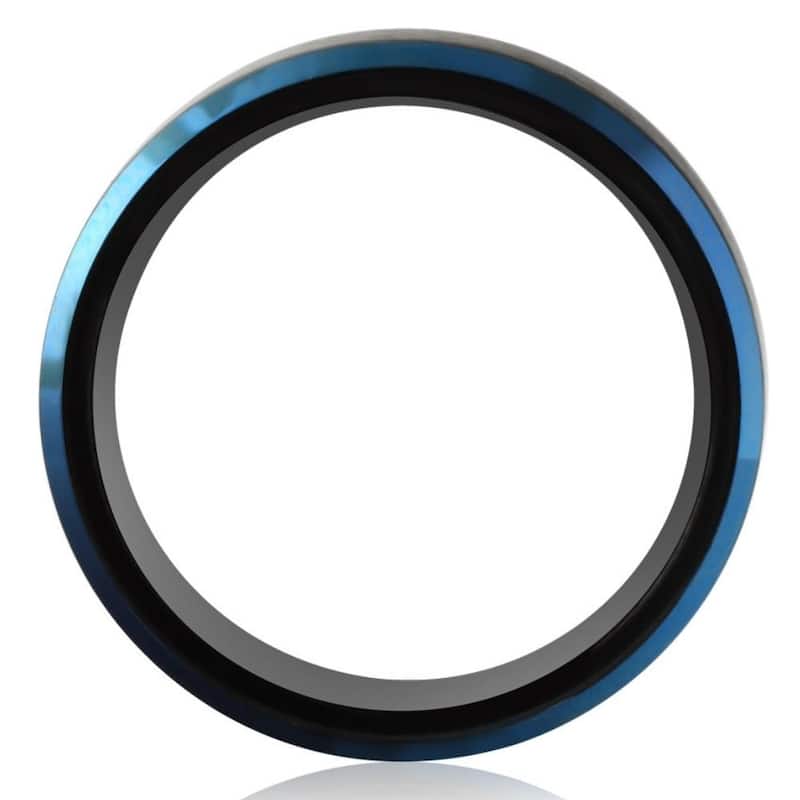 Men's Brushed Black Tungsten Ring Blue Polished Beveled Edge 8mm Wedding Band