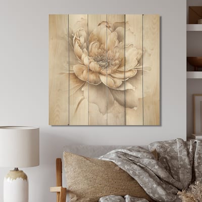 Designart 'Indigold Beige Flower V' Floral Wood Wall Art - Natural Pine Wood
