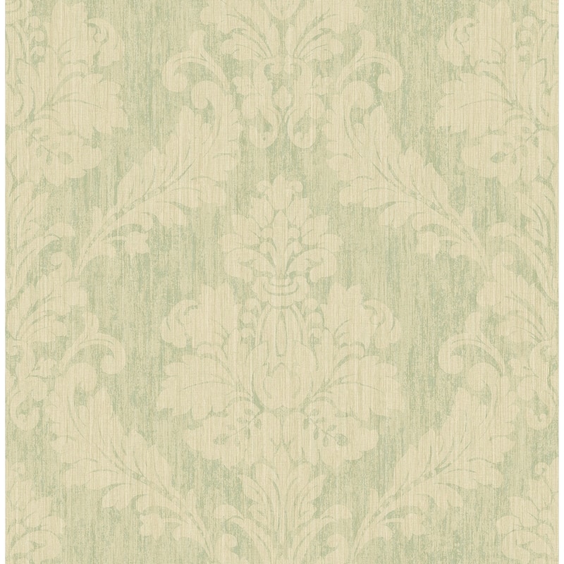 Seabrook Designs Corby Damask Unpasted Wallpaper - 20.5 in. W x 33 ft. L - Metallic Tan & Seafoam