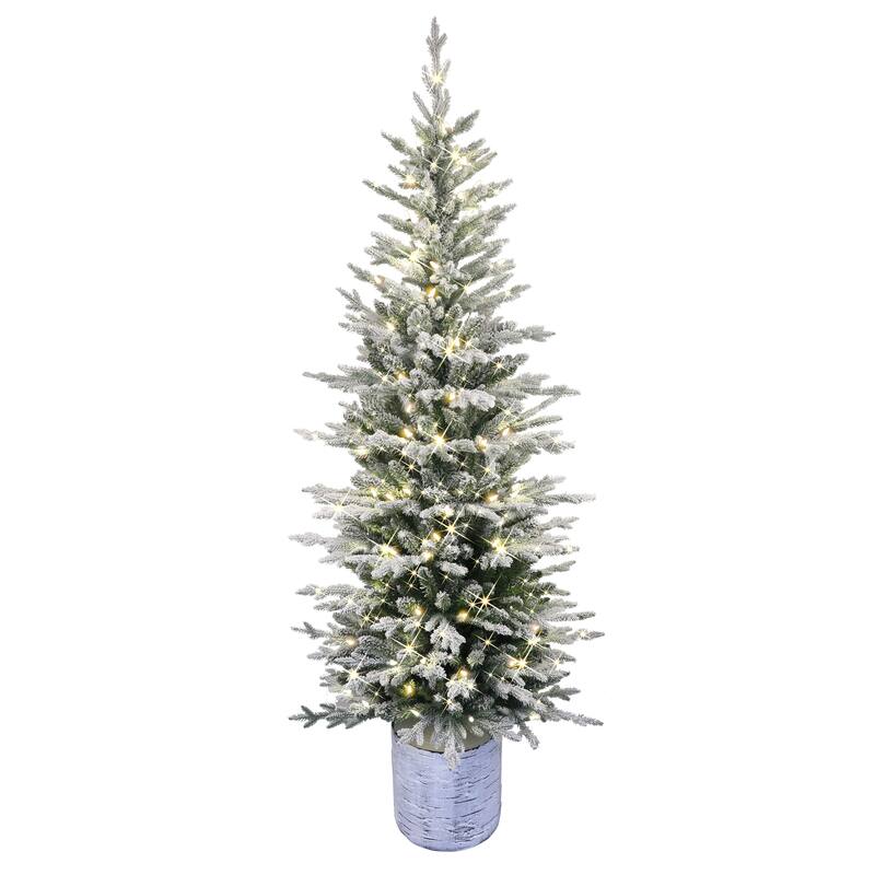 Puleo International 6' Pre-Lit Potted Flocked Arctic Fir Pencil Artificial Christmas Tree - 6