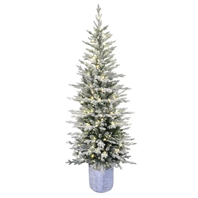Puleo International 6' Pre-Lit Potted Flocked Arctic Fir Pencil Artificial Christmas Tree - 6