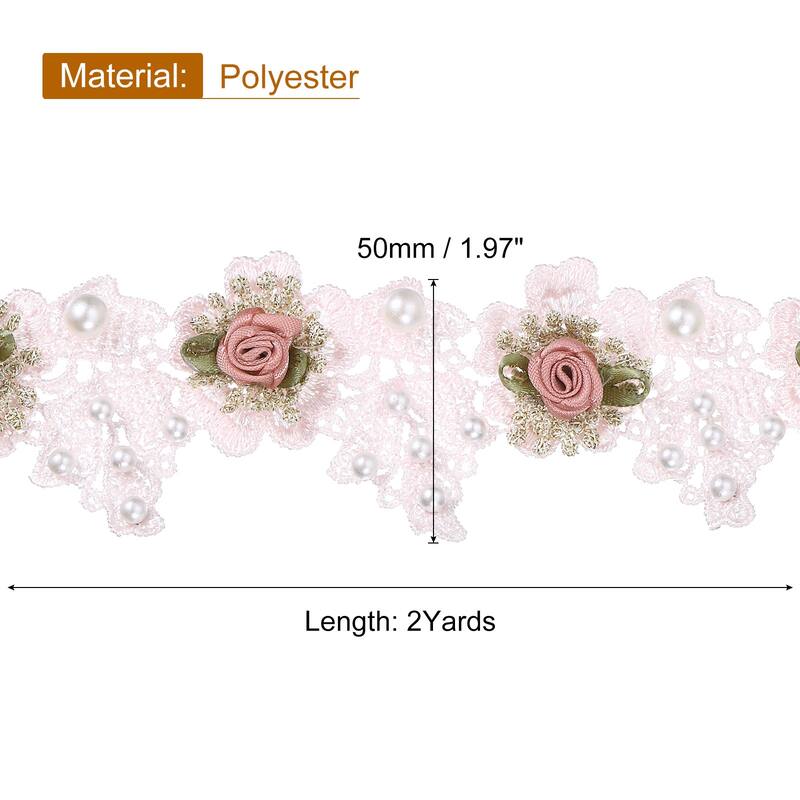 Rose Flower Embroidered Lace Trim Ribbon, 2 Yards Lace Trim, 2" Width - Pink