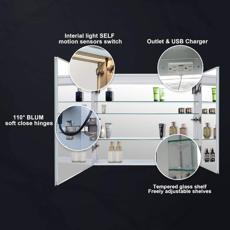 30" H Recessed or Surface LED Mirror Cabinet with Adjustable Glass Shelves,Defogger, Dimmer And Outlets & USB Ports