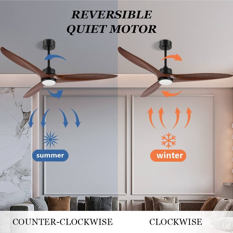 WINGBO 60 Inch DC Ceiling Fan with Lights and Remote Control, 3 Reversible Carved Wood Blades, 6-Speed Noiseless DC Motor