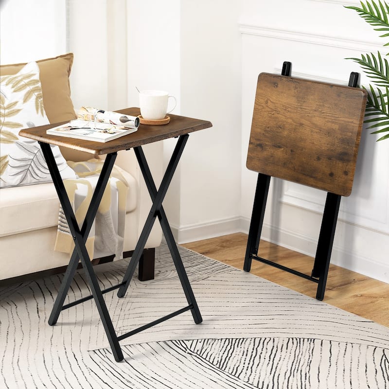 HomyLin Wood Folding TV Trays with Metal Frame, 2PC, Rustic Brown