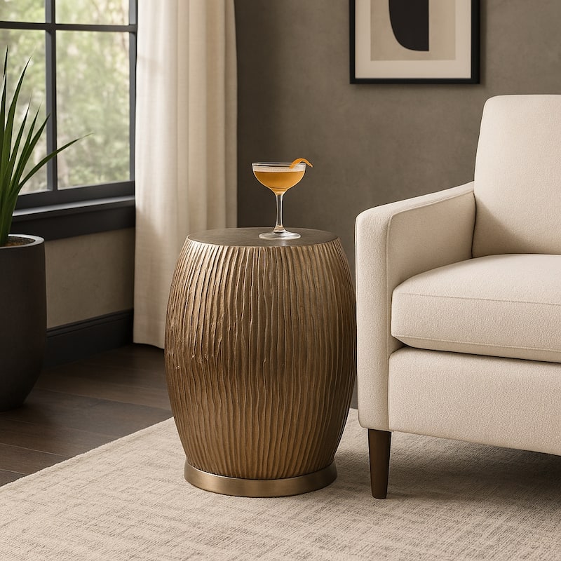 Modern Ribbed Drum Side Table with Round Metallic Finish Accent - 19", Gold