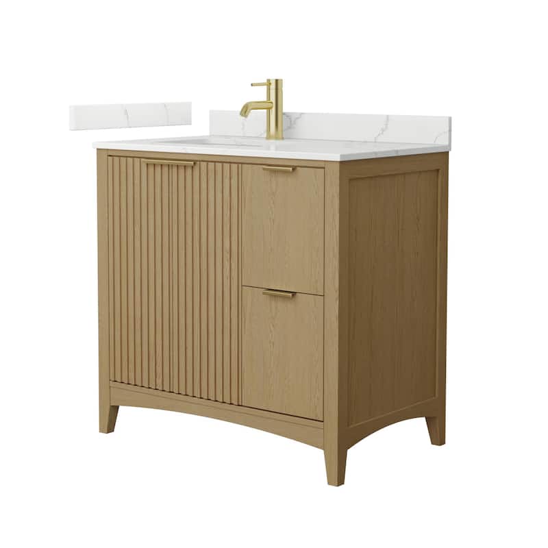 Wyndham Collection WCF9191-36S-QTZ-UNSMXX Palmilla 36" Free Standing - Natural Oak / Giotto Quartz Top / Brushed Gold