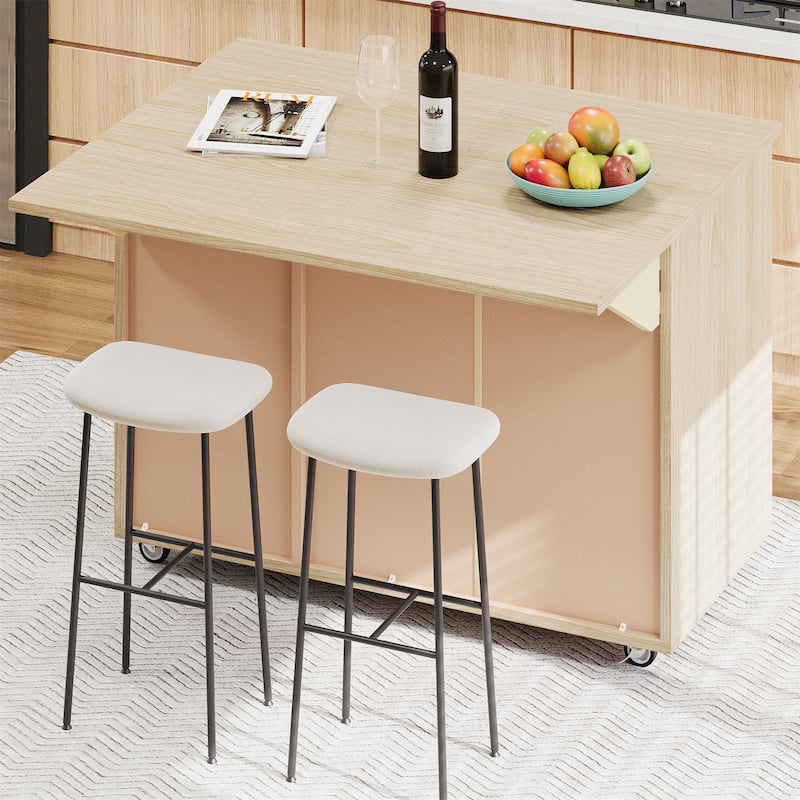 51.2" Wood Rolling Kitchen Island w/ Drop Leaf, Internal Storage Rack